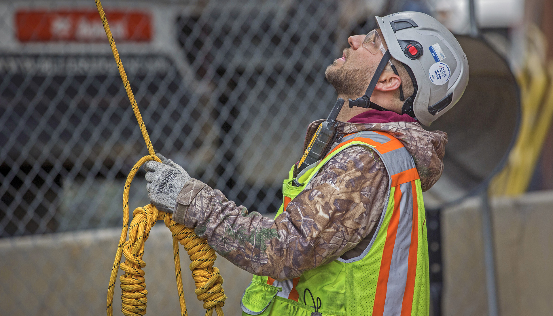 A DPR SPW worker pays close attention as he assists with hoisting the CFMF panel into place. 