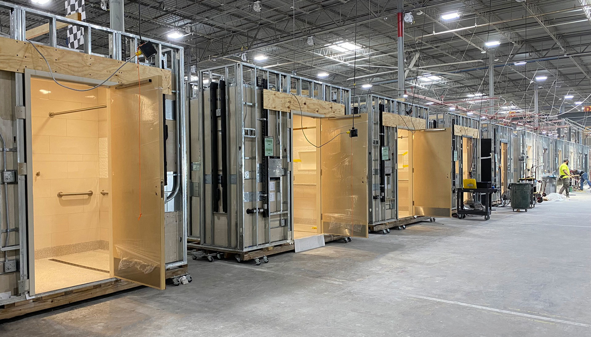 a line of prefabricated pods