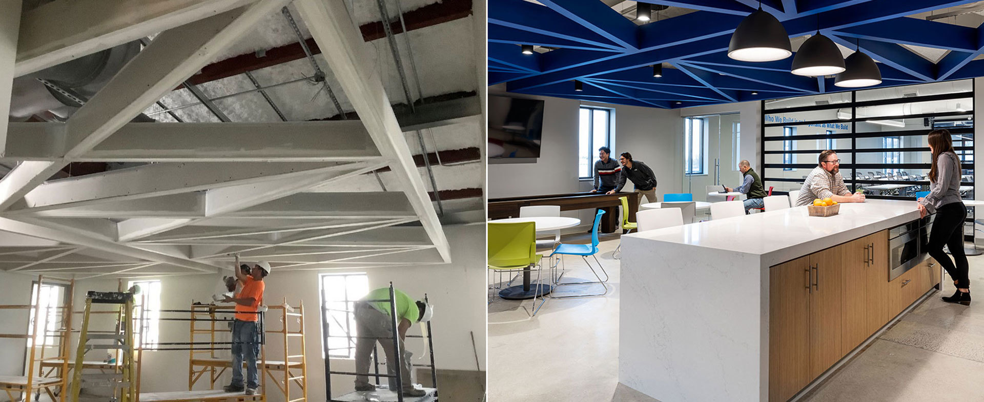 Before and After shot of ceiling structure during construction and once complete.