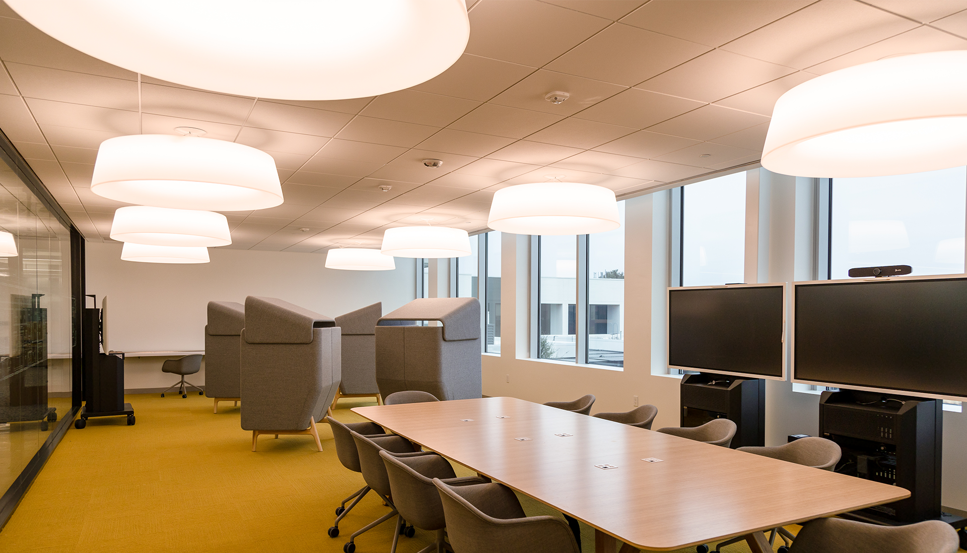 Conference room with overhead light fixtures