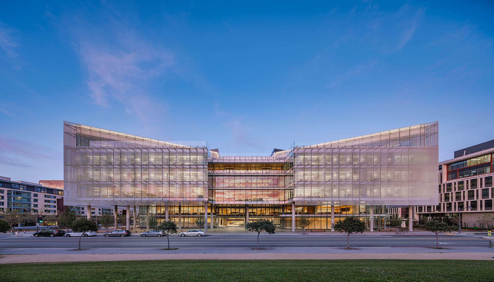 Exterior view of Weill Neurosciences Building at dusk.